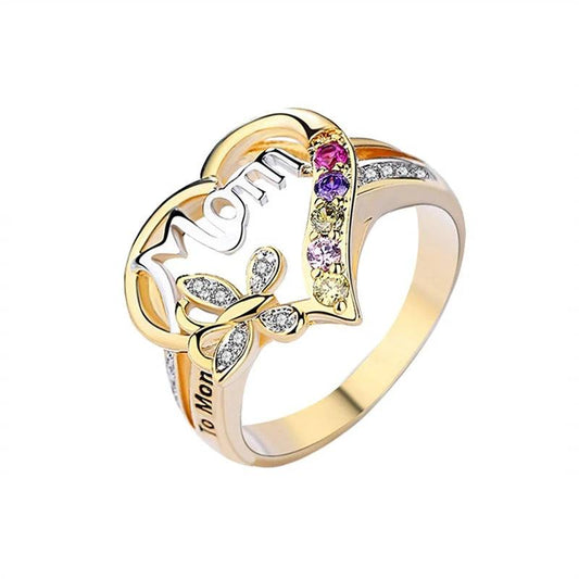 Mother's Day Gift Hollow Heart English Letter Love Mom Rhinestone Butterfly Finger Ring Jewelry Gift - MANDOTOS