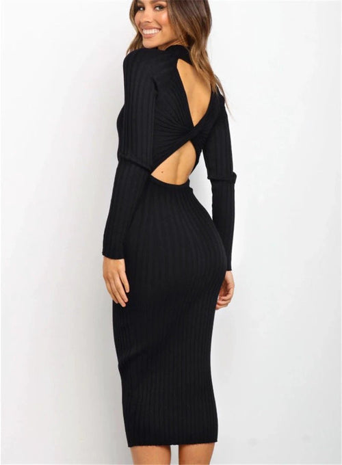 New Style Women's Suits Sweater Dresses Women's Solid Color Backless Bow Tight Dresses - MANDOTOS