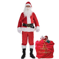 Mandotos premium complete Santa Claus costume suit with red coat, white trim, black belt, and matching hat on a mannequin.