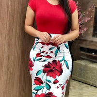 Mandotos printed office midi pencil dress for women, large size, stylish and fitted for professional or casual wear.