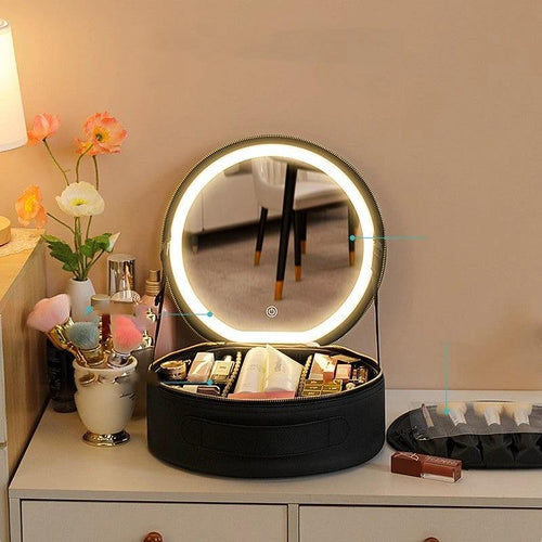 Round Smart LED Makeup Bag - Mirror Lights Travel Organizer - MANDOTOS