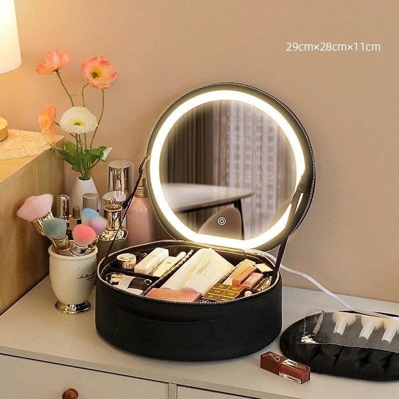 Round Smart LED Makeup Bag - Mirror Lights Travel Organizer - MANDOTOS