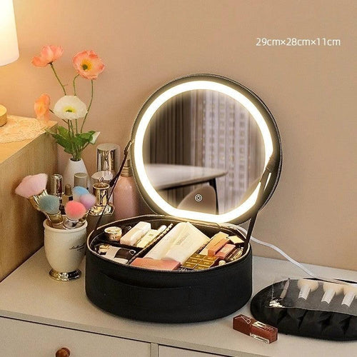 Round Smart LED Makeup Bag - Mirror Lights Travel Organizer - MANDOTOS