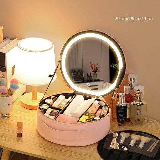 Round Smart LED Makeup Bag - Mirror Lights Travel Organizer - MANDOTOS