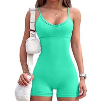 Mandotos women's spaghetti strap shorts jumpsuit for sports, yoga, and workout, featuring a tight, fashionable fitness romper.