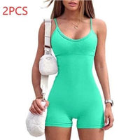 Mandotos women's spaghetti strap sports jumpsuit with fitted shorts, ideal for yoga, fitness, and activewear workouts.