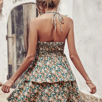 Mandotos summer printed halter dress with boho style, backless design, ruffled A-line silhouette, ideal for beach and casual wear.