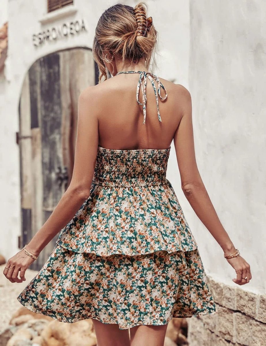 Summer Printed Halter Dress Fashion Boho Backless Ruffled A-Line Beach Dresses For Womens Clothing - MANDOTOS