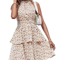 Mandotos summer printed halter dress for women with boho style, backless design, ruffled A-line beach dress.