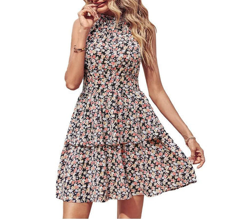 Summer Printed Halter Dress Fashion Boho Backless Ruffled A-Line Beach Dresses For Womens Clothing - MANDOTOS