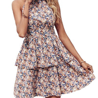 Mandotos summer printed boho halter dress with ruffles, backless design, A-line silhouette, perfect for beach and casual wear for women.