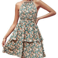 Mandotos summer printed halter dress for women, boho backless ruffled A-line beach dress with vibrant floral pattern.