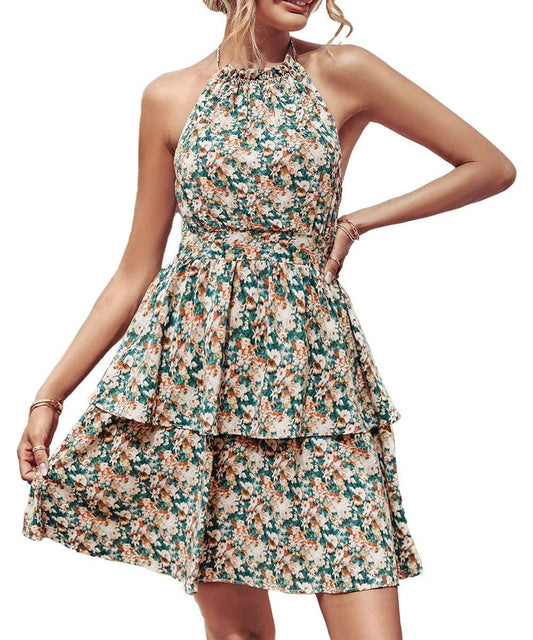 Summer Printed Halter Dress Fashion Boho Backless Ruffled A-Line Beach Dresses For Womens Clothing - MANDOTOS