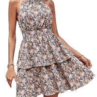 Mandotos summer printed halter dress with boho backless design, ruffled A-line beach dress for women.