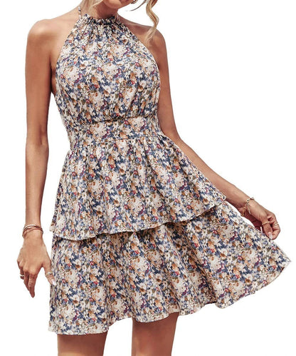 Summer Printed Halter Dress Fashion Boho Backless Ruffled A-Line Beach Dresses For Womens Clothing - MANDOTOS