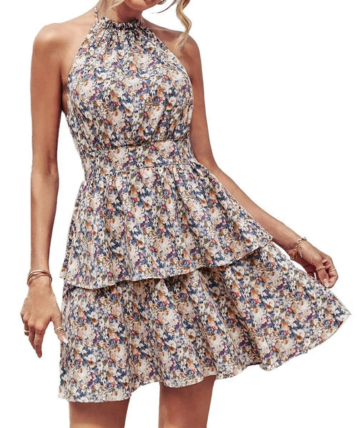 Summer Printed Halter Dress Fashion Boho Backless Ruffled A-Line Beach Dresses For Womens Clothing - MANDOTOS