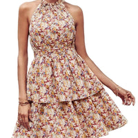 Mandotos summer printed halter dress for women, boho backless ruffled A-line beach dress with vibrant floral pattern.