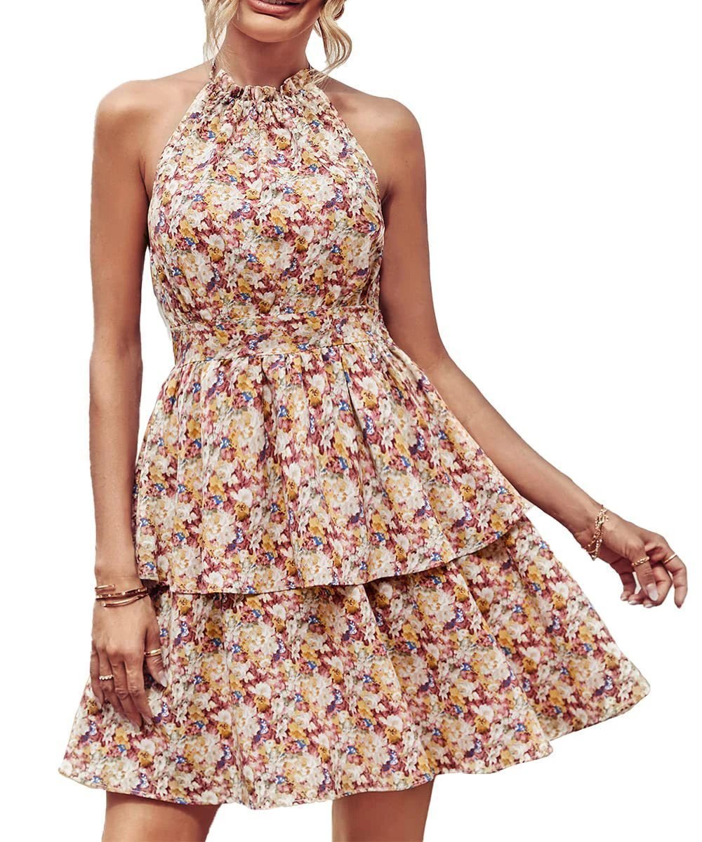 Summer Printed Halter Dress Fashion Boho Backless Ruffled A-Line Beach Dresses For Womens Clothing - MANDOTOS
