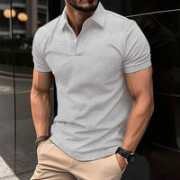 Mandotos men's summer short sleeve polo shirt in solid color with button lapel and classic fit, displayed on a plain background.