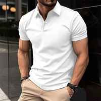 Men's solid color short sleeve polo shirt by MANDOTOS with button lapel, casual summer top, made from lightweight fabric.