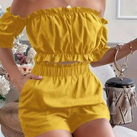 Two-piece women's short sleeve shorts set by MANDOTOS, featuring comfortable casual tops and shorts for warm weather.
