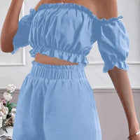 Two-piece women's short sleeve shorts set by MANDOTOS, featuring casual short-sleeve tops and matching shorts for comfortable summer wear.