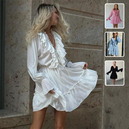 V Neck Pleated Ruffle Dress - Y2K Flared Sleeve Short Dress - MANDOTOS
