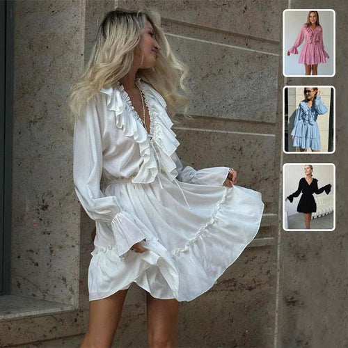 Mandotos V-neck pleated ruffle dress with Y2K style, flared short sleeves, and a fitted waist, perfect for casual or party wear.