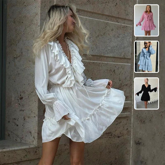 Mandotos V-neck pleated ruffle dress with Y2K style, flared short sleeves, and a fitted waist, perfect for casual or party wear.