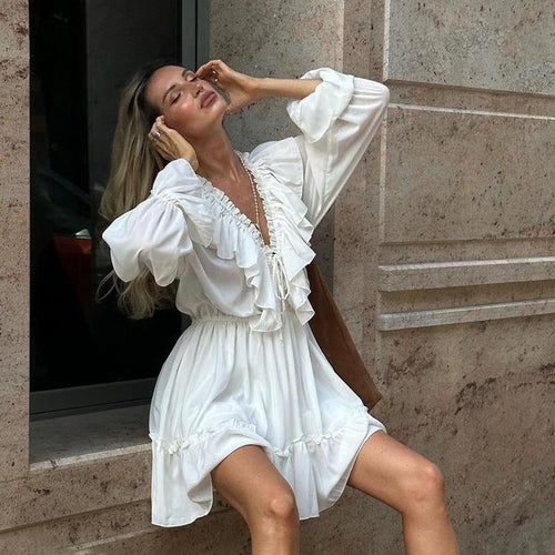 Mandotos V-neck pleated ruffle dress with flared sleeves, Y2K style, short length, feminine and stylish for casual wear.