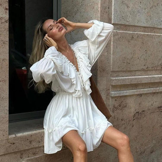 Mandotos V-neck pleated ruffle dress with flared sleeves, Y2K style, short length, feminine and stylish for casual wear.