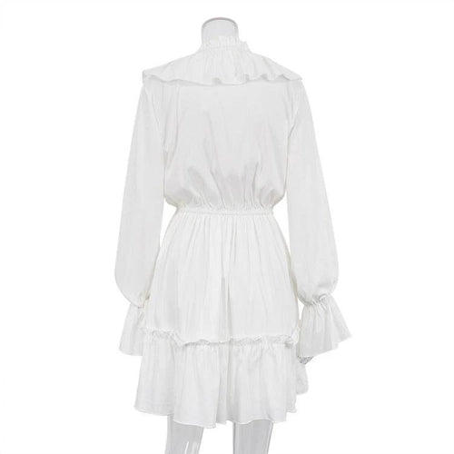 Mandotos V-neck pleated ruffle dress with flared sleeves, short Y2K-inspired fashion look, stylish and feminine design
