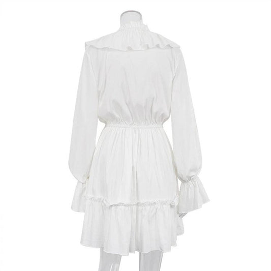 Mandotos V-neck pleated ruffle dress with flared sleeves, short Y2K-inspired fashion look, stylish and feminine design