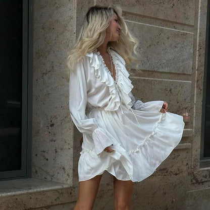 V Neck Pleated Ruffle Dress - Y2K Flared Sleeve Short Dress - MANDOTOS