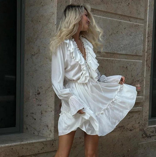Mandotos V neck pleated ruffle dress with Y2K style, short length, flared sleeves, and feminine design.