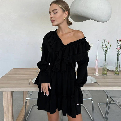 Mandotos V-neck pleated ruffle Y2K flare sleeve short dress, stylish and lightweight with a fitted waist and playful design.