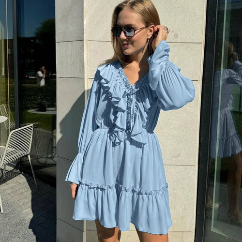Mandotos V-neck pleated ruffle dress with Y2K-inspired flared short sleeves, stylish and trendy for casual wear.