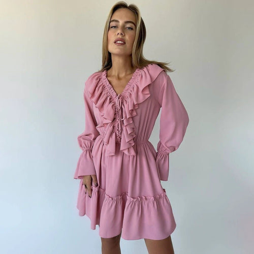 Mandotos V-neck pleated ruffle dress with Y2K style, flared short sleeves, and a flowy silhouette.