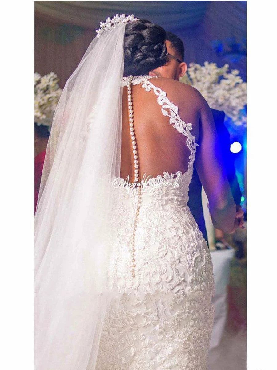 Vintage Lace Beaded Mermaid Wedding Dress - Sheer Neck Bridal Gown - MANDOTOS
