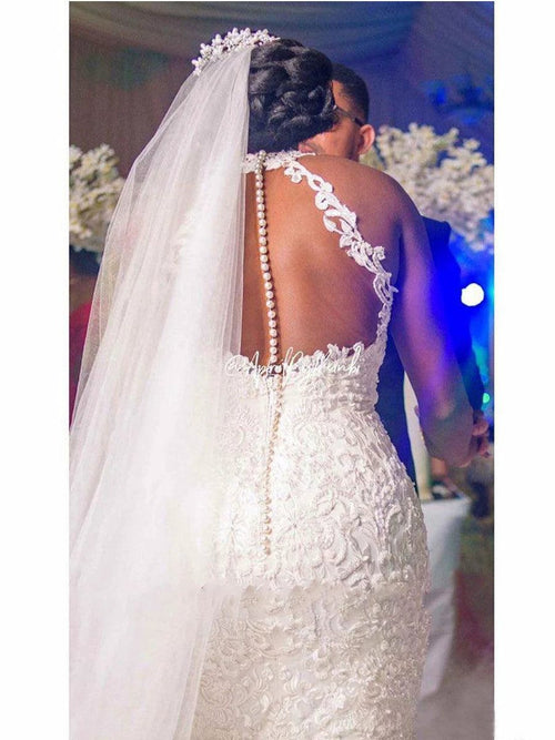 Vintage Lace Beaded Mermaid Wedding Dress - Sheer Neck Bridal Gown - MANDOTOS