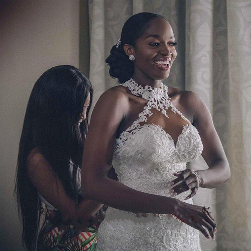 Vintage Lace Beaded Mermaid Wedding Dress - Sheer Neck Bridal Gown - MANDOTOS