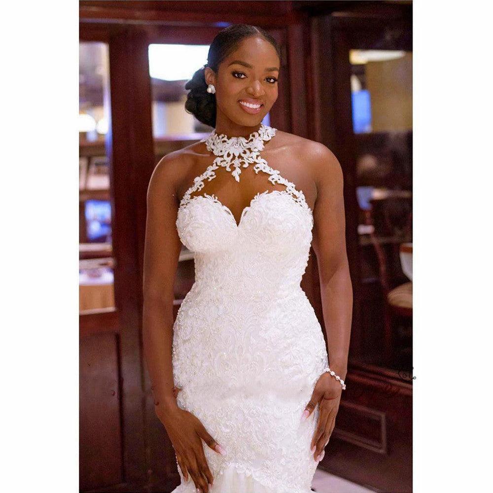 Vintage Lace Beaded Mermaid Wedding Dress - Sheer Neck Bridal Gown - MANDOTOS