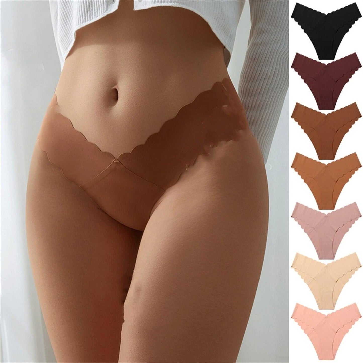 Mandotos Wave Lace V-shaped Waist Seamless Ice Silk Girl Underwear displayed on a model, showcasing soft, comfortable fabric and delicate lace.