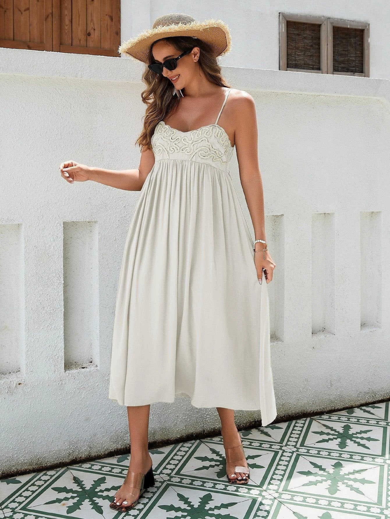 Women's Bohemian Maxi Dress - Breathable Rayon Fabric With Embroidered Bust And Elastic Back, Flowy Skirt In Black, White, And Green - MANDOTOS