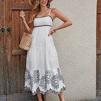 Women's cotton embroidered midi dress by MANDOTOS, black and white A-line sundress with contrast trim, ideal for vacation wear