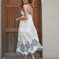 Women's cotton embroidered midi dress by MANDOTOS featuring black and white A-line style with contrast trim, perfect for vacation wear.