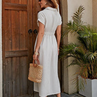 Women's cotton shirt dress by MANDOTOS featuring a breathable X-line midi design with knotted waist for a flattering fit.