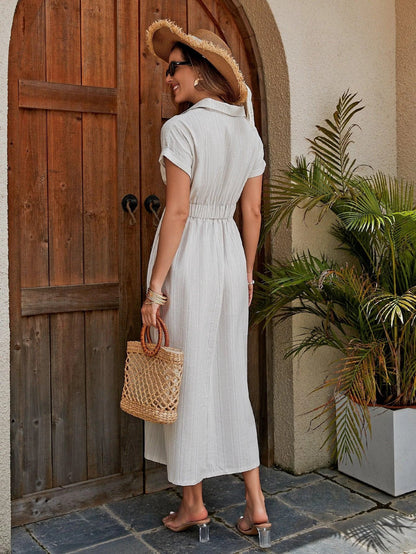 Women's Cotton Shirt Dress - Breathable X-Line Midi Dress With Knotted Waist Detail For A Flattering Fit - MANDOTOS