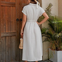 Mandotos women's cotton shirt dress featuring an breathable X-line midi design with a knotted waist for a flattering fit.