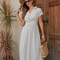 Mandotos women's cotton shirt dress with breathable fabric, X-line midi style, knotted waist for a flattering fit.